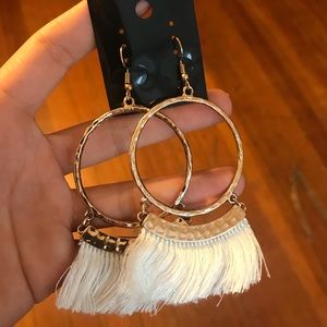 White tassel gold earrings